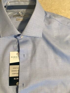 New Perry Ellis Portfolio Slim Fit Dress Shirt Mens 14-14.5 32/33 Blue Geometric